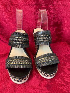 Vince Camuto Brittnuh Black Espadrille Wedge Slip on Platform Sandals Sz 9.5